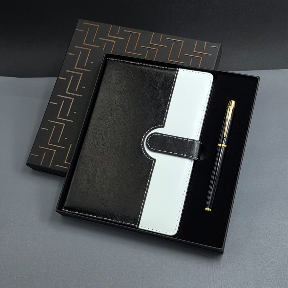 Siyah Beyaz Renkli Tarihsiz Ajanda Defter Ve Metal Roller Kalem Seti
