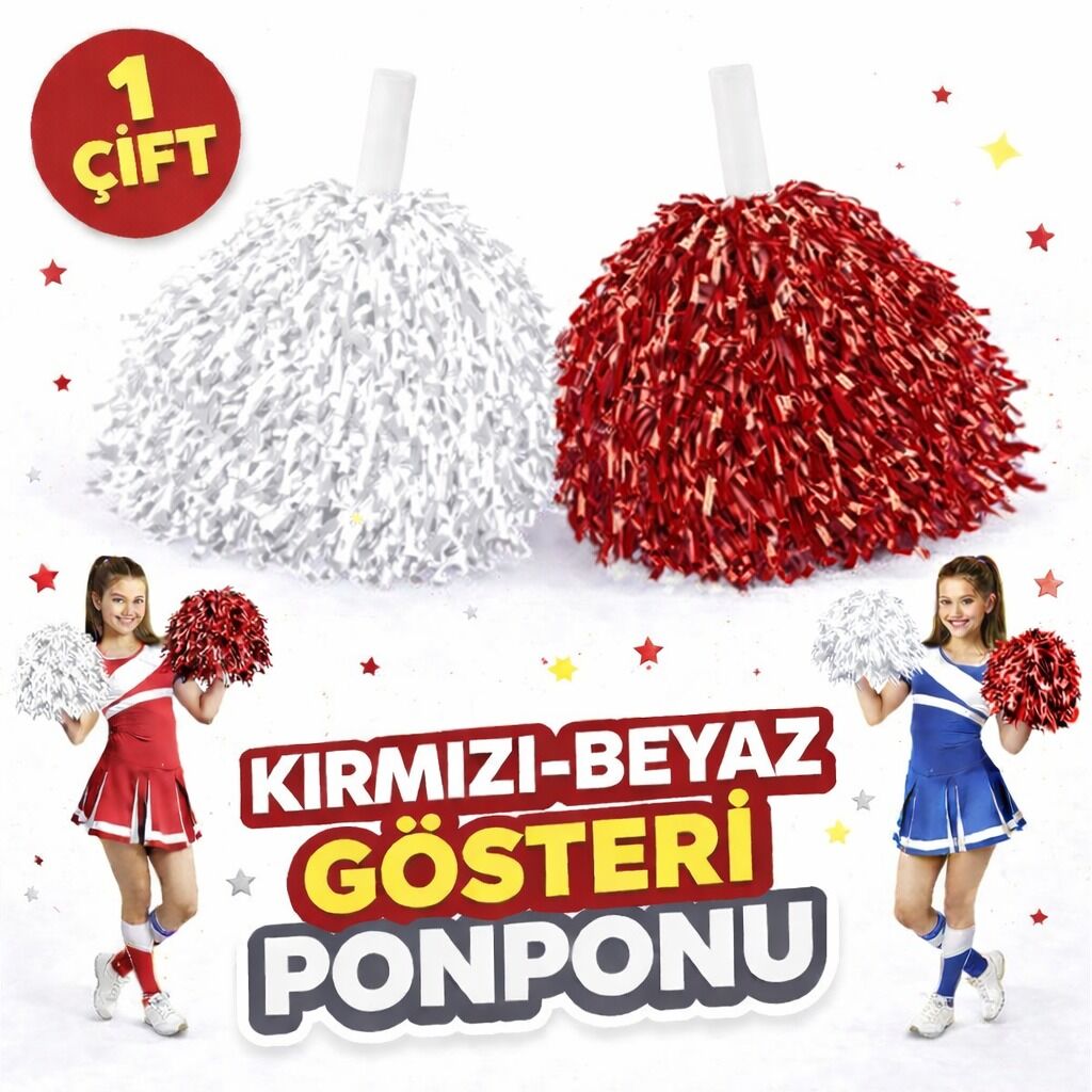 1 Çift Kırmızı - Beyaz Okul Gösteri Ponponları - Ekstra Dolgun