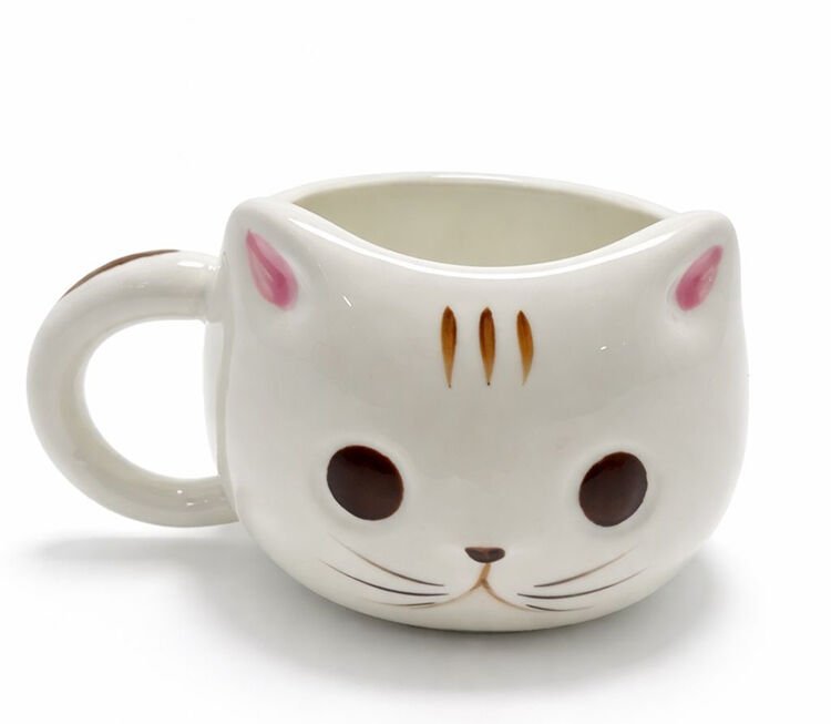3D Kedi Tasarımlı Kabartmalı Seramik Kupa Bardak - Sevimli Beyaz Kedicik