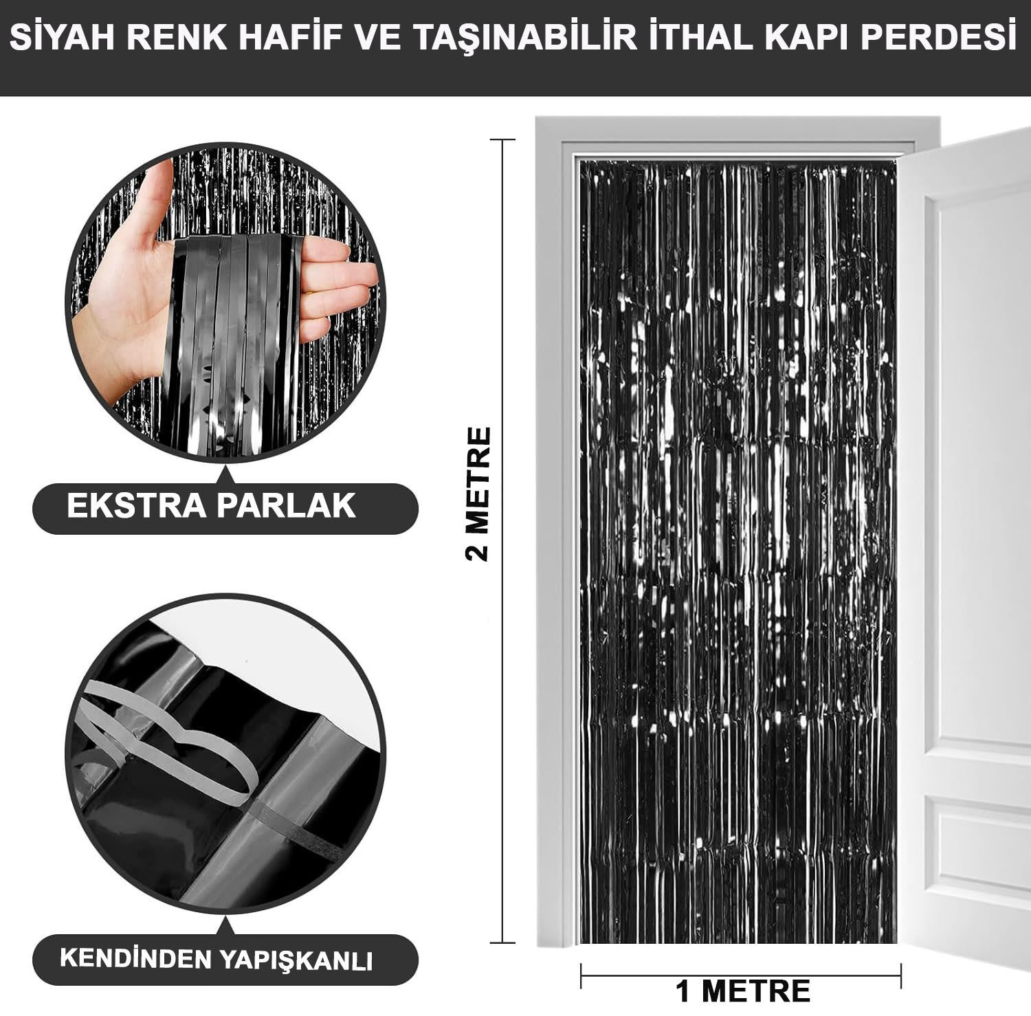 Ekstra Metalize Parlak Saçaklı Arka Fon Perde Siyah