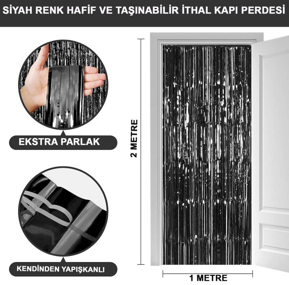 Ekstra Metalize Parlak Saçaklı Arka Fon Perde Siyah