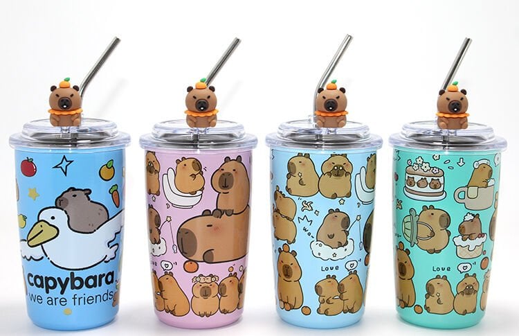 Capybara Tasarımlı Çelik Kupa Bardak - Isı Yalıtımlı - Pipetli Figürlü