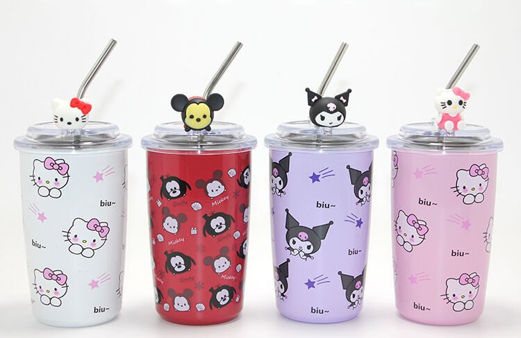 Sanrio Hello Kitty ve Kuromi Temalı Çelik Kupa Bardak - Isı Yalıtımlı - Pipetli